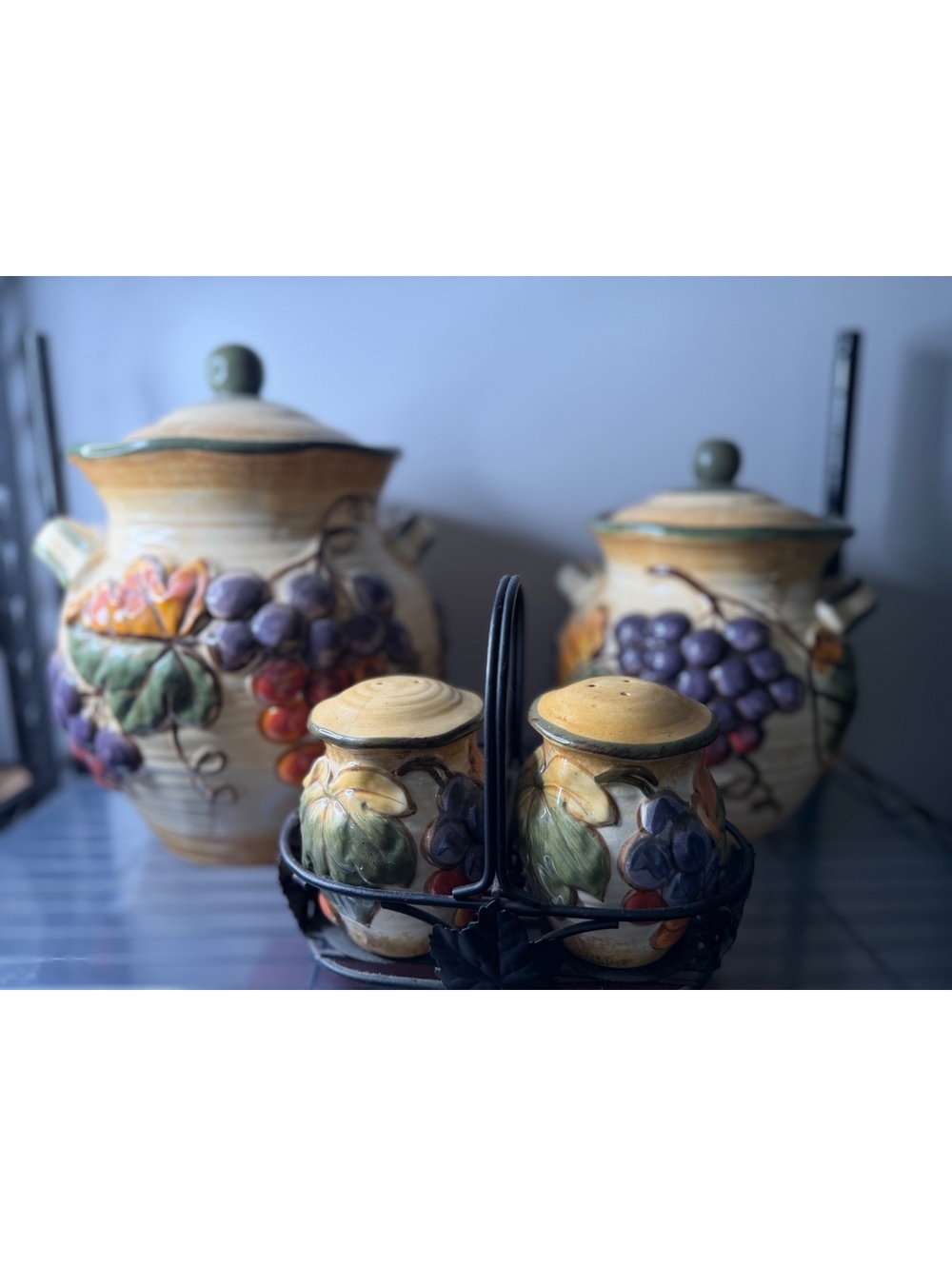 Vintage Ceramic Grape-Themed Kitchen Canister and Salt & Pepper Shaker Set